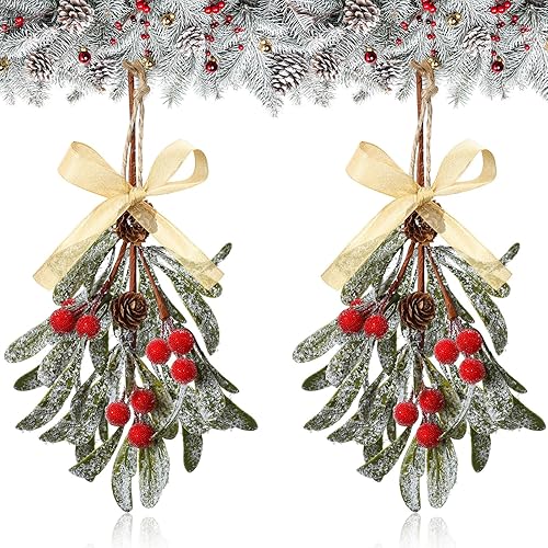 Miniatura 14 de Giegxin 1 pieza de adorno de muérdago artificial de Navidad con lazo rojo, decoración colgante de muérdago de Navidad, ramo floral, conos de pino