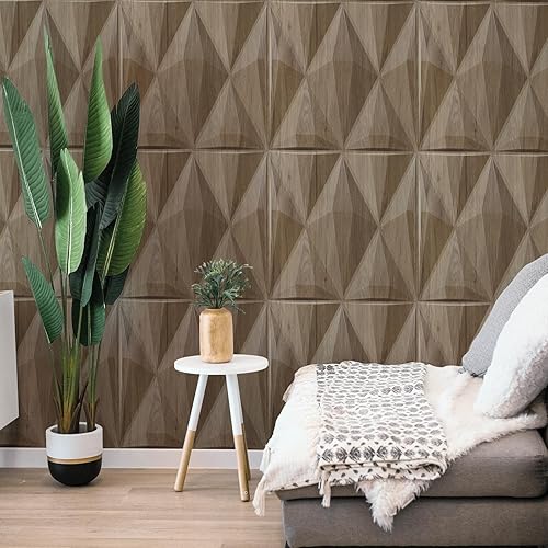 Miniatura 5 de STICKGOO 12 paneles de pared 3D con diseño de diamante para despegar y pegar, material plástico, 19.7 x 19.7 pulgadas, panel de pared de madera