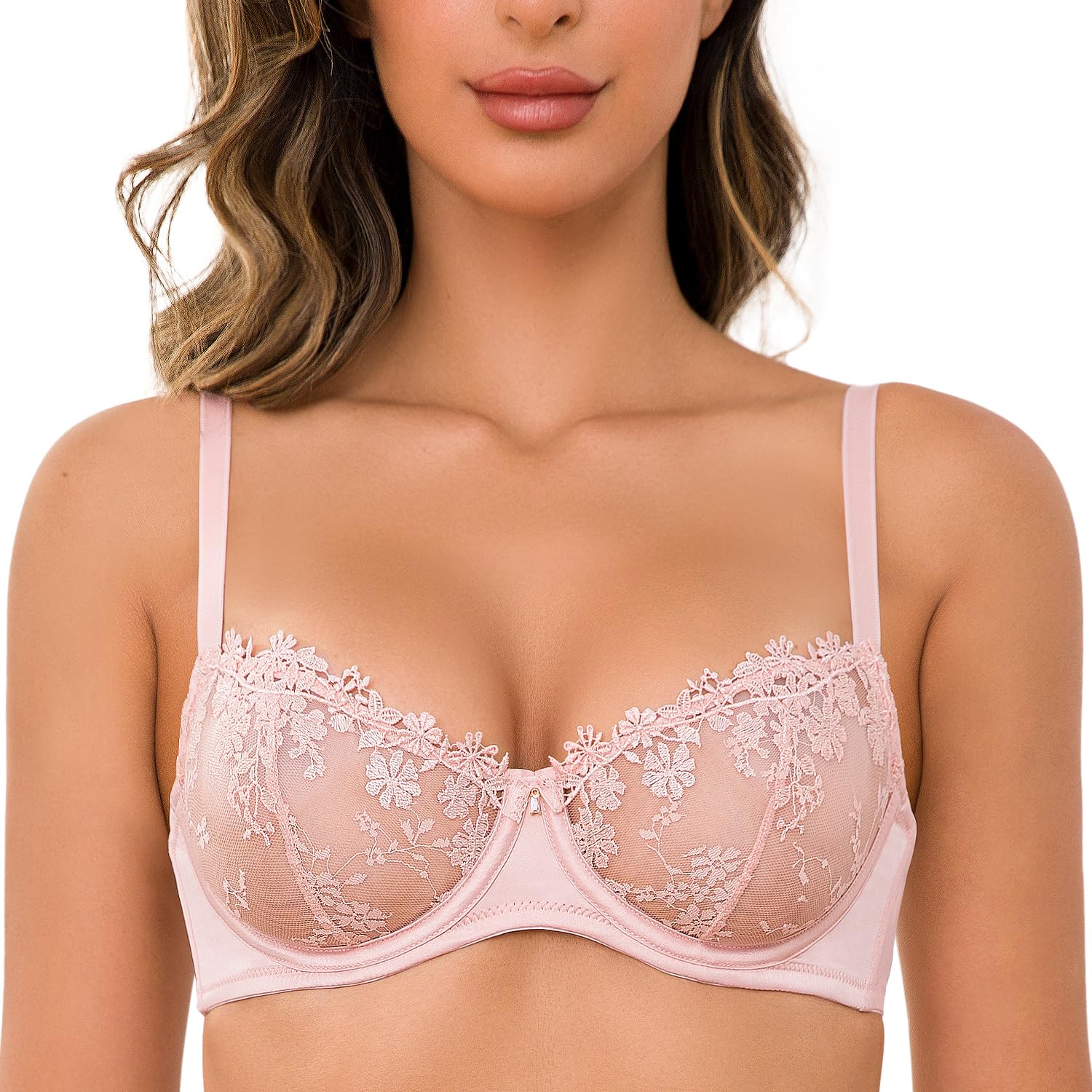 Wingslove Women's Sexy Lace Bra Demi Sheer Mesh Balconette See Through Bralette Unlined Underwire Embroidered: 40C Pink