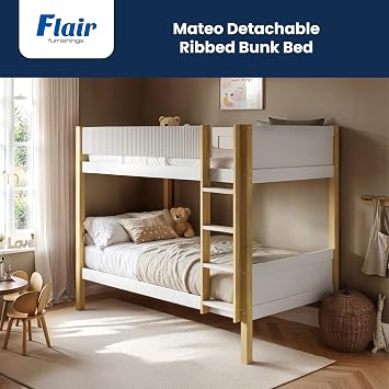 Flair Furnishings - Single Bunk Bed, Detachable, Heavy Duty (White & Oak)