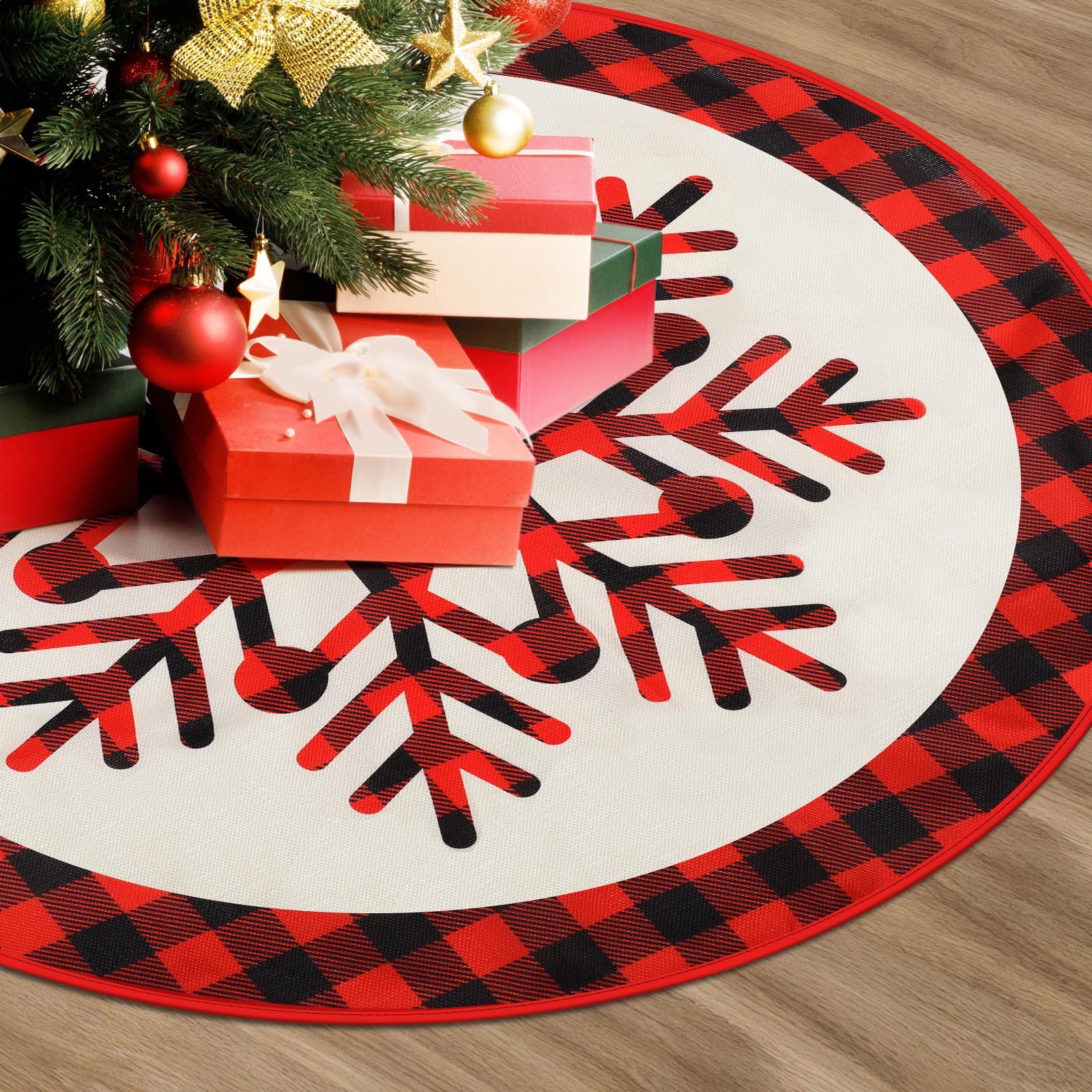 FINPAC Christmas Tree Skirt, Red Plaid Xmas Luxury Romantic Thick Holiday Tree Ornaments Decoration for Christmas Holiday New Years Party Decor Indoor Outdoor Farmhouse
