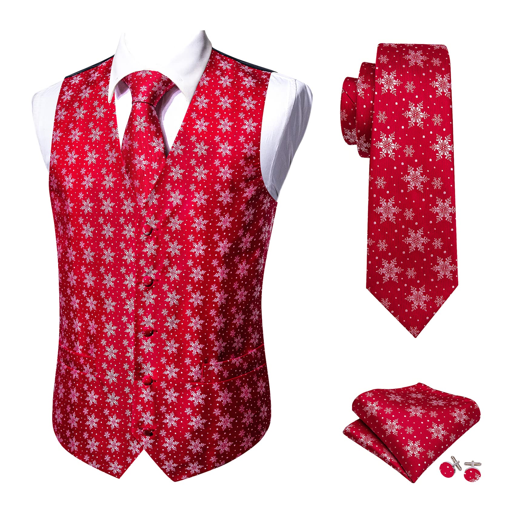 Barry.Wang Mens Christmas Vest V-neck Red White Xmas Snow Waistcoat Necktie Set Party Prom