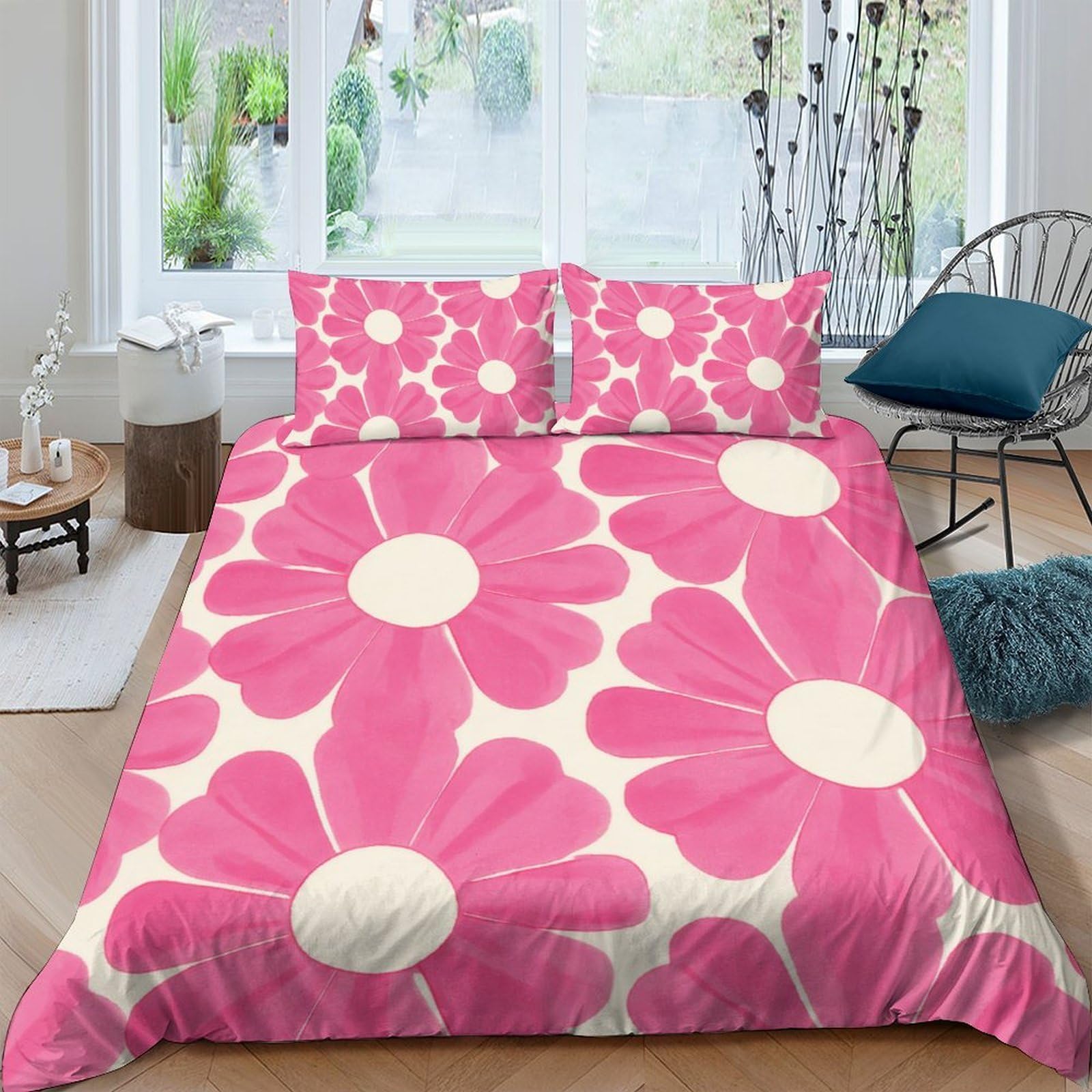 Ctjqhvkz Style-5 3D Printed Pink Daisy Fitted Sheet Microfiber Floral Bed Cover Non-Slip Decor For Bedroom Guest Room Easy Care Single（135X200cm）