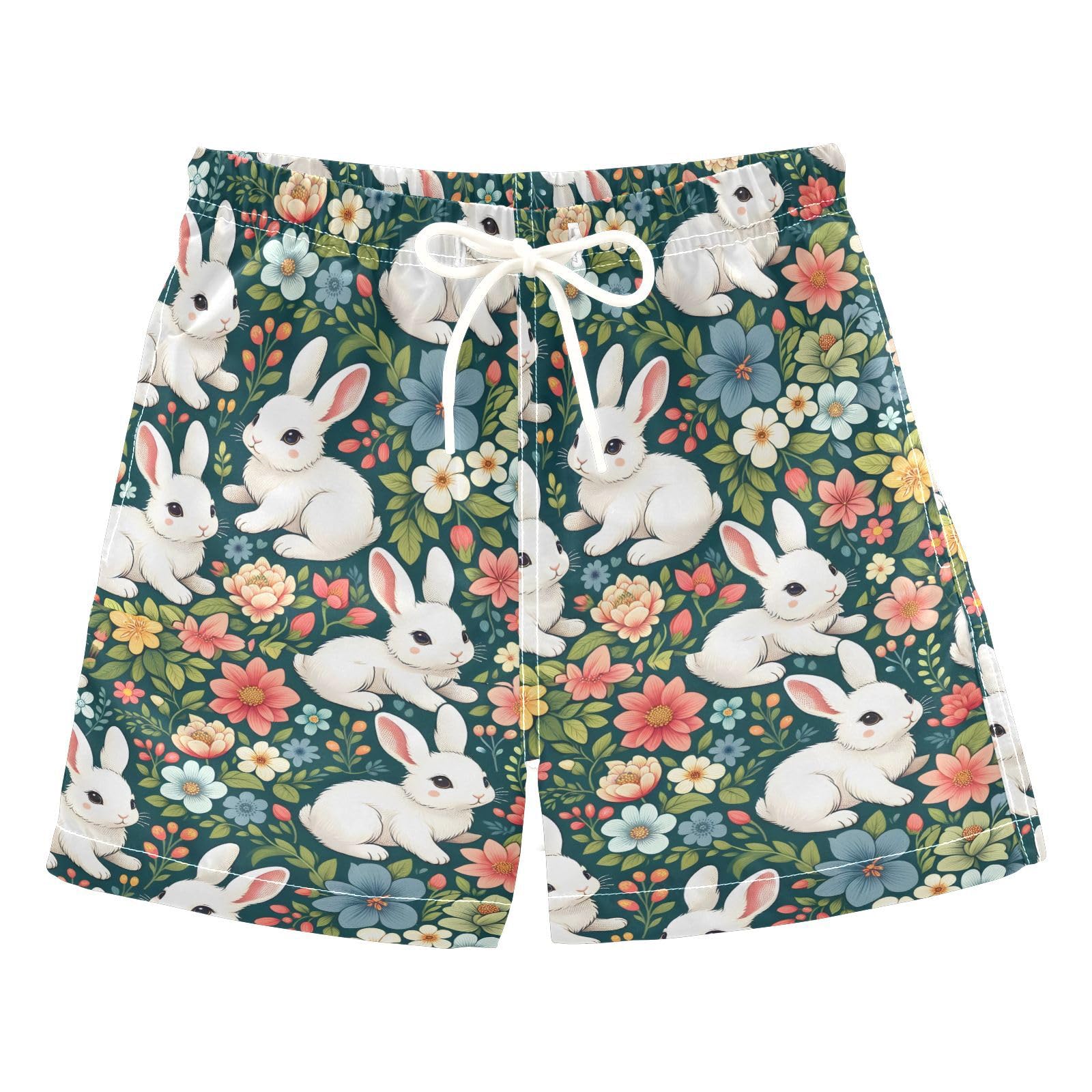 ALAZA Cute White Rabbit Floral Boys' Swim Trunks Beach Shorts Quick Dry Swimsuit 4T