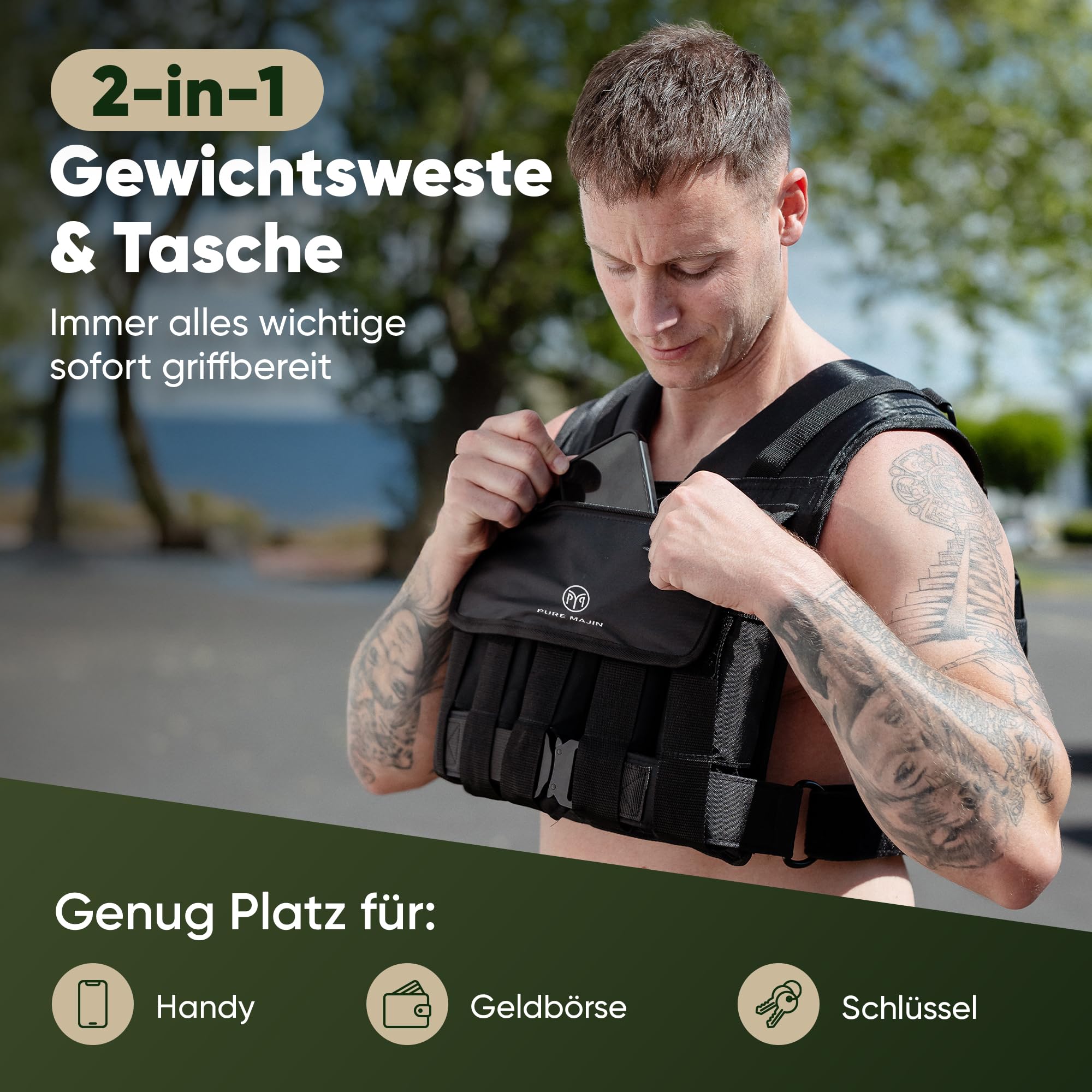 Gewichtsweste PURE MAJIN® 20kg verstellbar [mit Tasche & Metallgurt] | Fitness Workout Laufen Calisthenics Equipment Weighted Vest Trainingsweste Laufweste