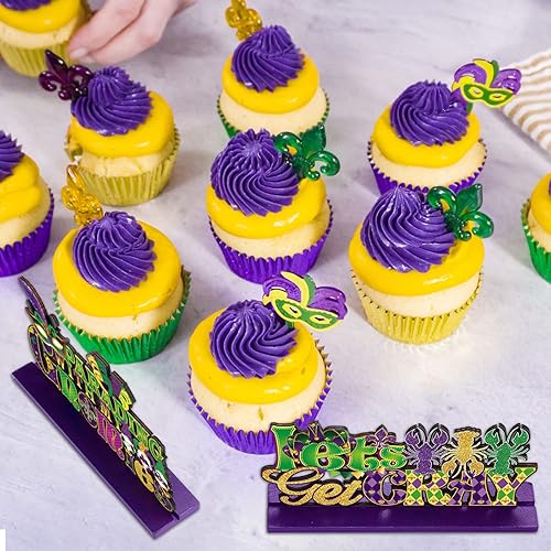 Miniatura 5 de Blulu 4 piezas de decoraciones de Mardi Gras centros de mesa para mesas máscara de mascarada gnomo cangrejo adornos de madera adornos de carnaval