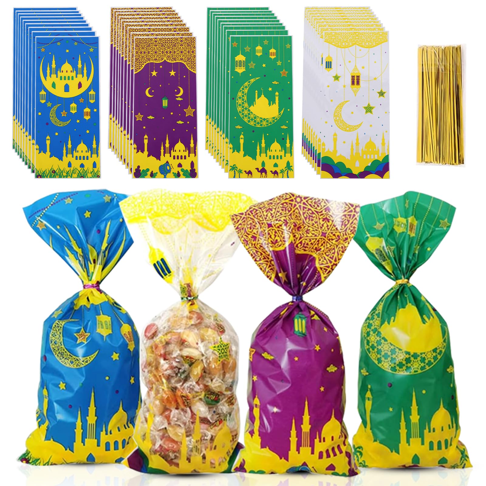 LeonshcoPack of 100 Ramadan Bags for Filling, Eid Mubarak Bags with Mosque Print Pattern, Ramadan Decoration Cellophane Bags with 100 Twist Ties for Sweets/Cookies/Ramadan Gifts (A)