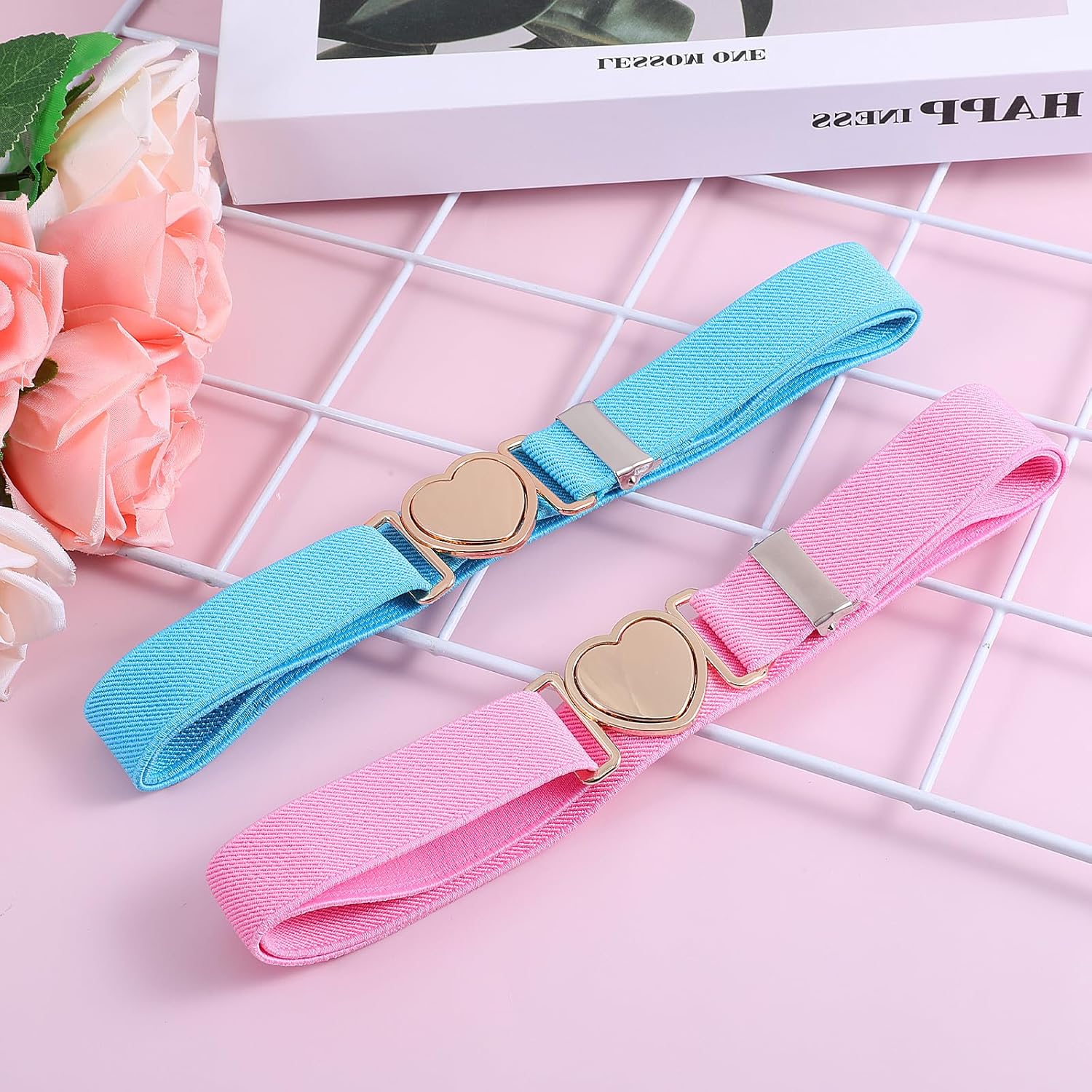 2 Pack Girls Belt for Waist Size 15-30", Kids Elastic Belt Heart-Shaped Metal Buckle Waist Belt for Girls (Blue+Pink) - Image 5