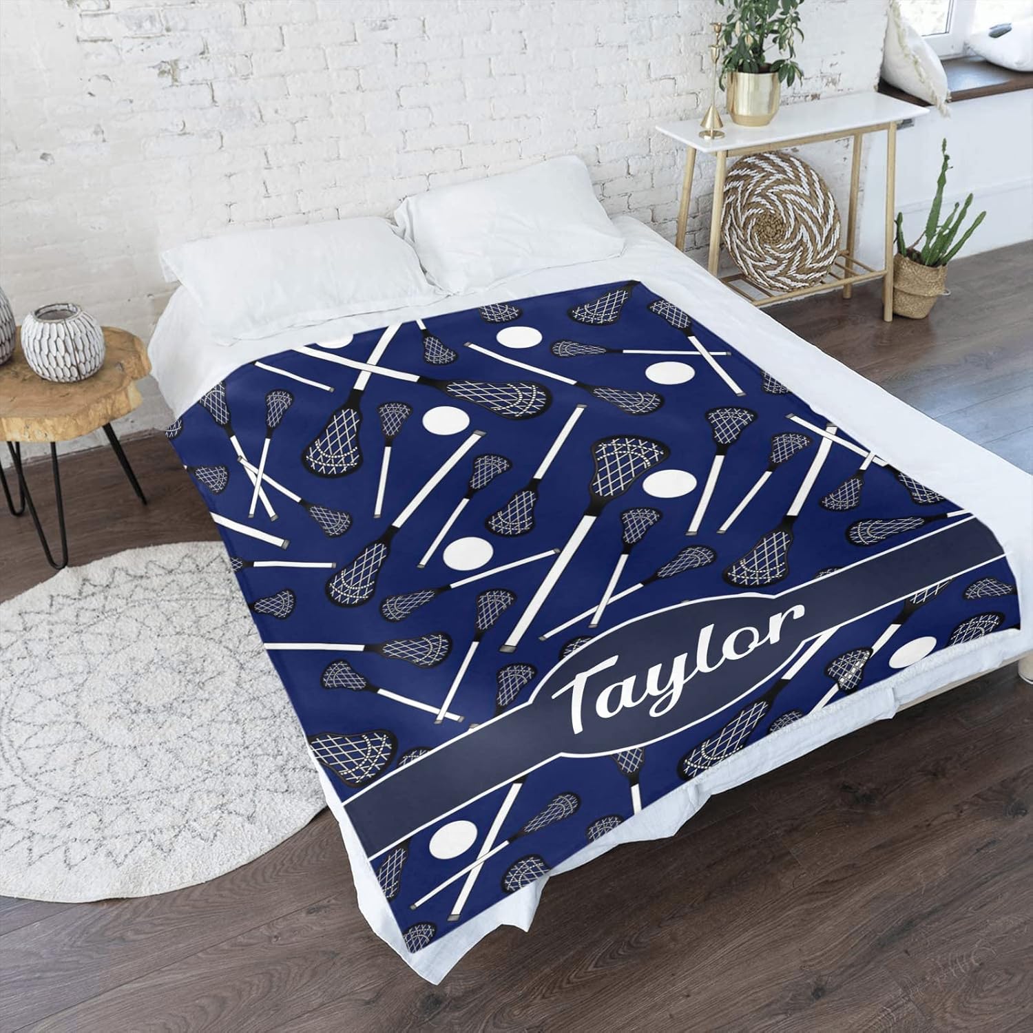Dark Blue Lacrosse Sticks Personalized Blanket with Name Soft Fleece Throw Blankets for Men Women Birthday Wedding Gift 50X60 inch