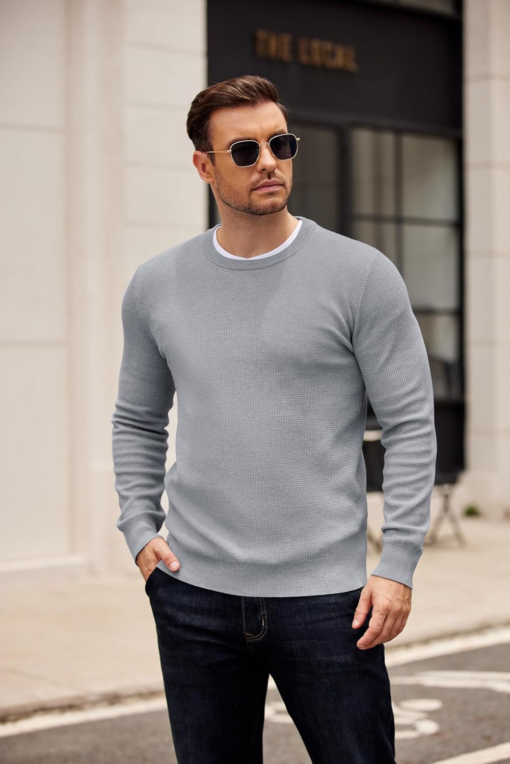 COOFANDY Mens Crewneck Sweater Dress Long Sleeve Pullover Sweater Knit Lightweight Sweaters - Image 3