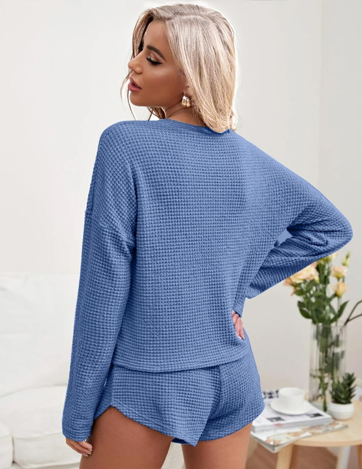 Ekouaer Womens Waffle Knit Pajama Sets Long Sleeve Top and Shorts Matching Lounge Set Loungewear Sweatsuit with Pockets - Image 3