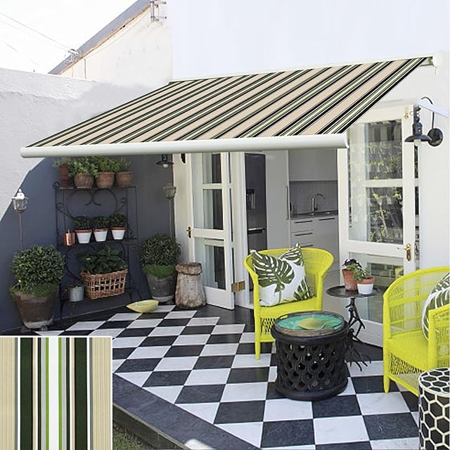 Greenbay 4m Electric Awning - UV Resistant Outdoor Patio Shade Shelter Gazebo Canopy Complete with Fittings, Remote Control and Winder Handle - Multi stripe