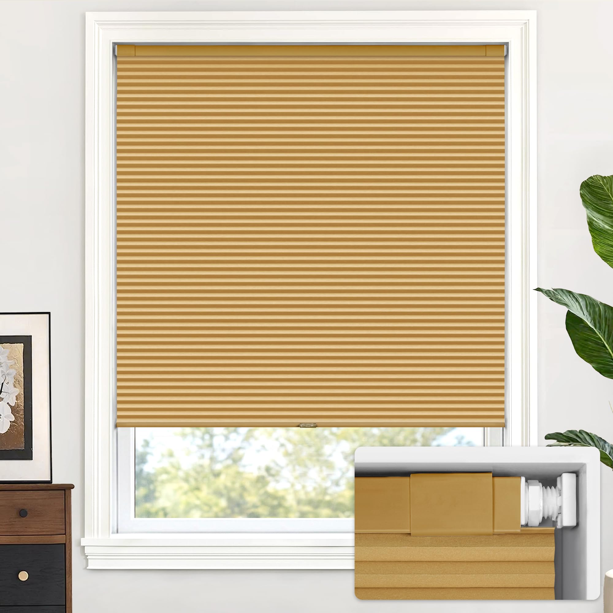 LazBlinds Cordless Cellular Shades No Tools No Drill Blackout Black Out Cellular Blinds for Window Size 34 1/2'' W x 64'' H, Yellowish-Brown โ image 1