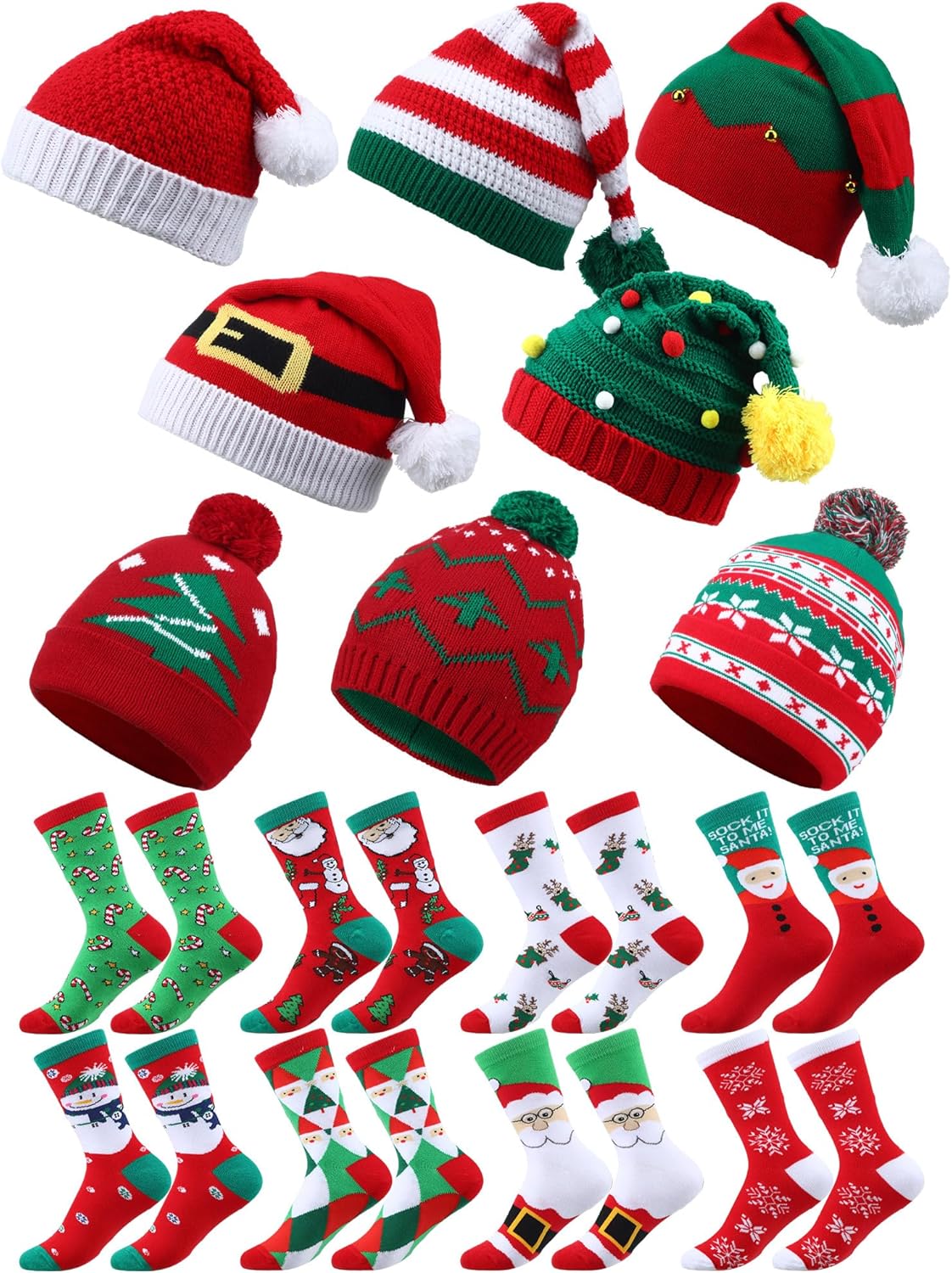 Suhine 16 Pcs Christmas Hats and Socks, 8 Patterns Xmas Hats 8 Pcs Holiday Santa Socks for Adult Kids Christmas Party Gift Supplies