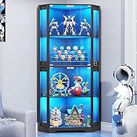 BROTTAR 65" Corner Glass Display Cabinet with 3-Color LED Lights & Motion Sensor, 4-Tier Curio Case for Collectibles, Toys, Books - Black