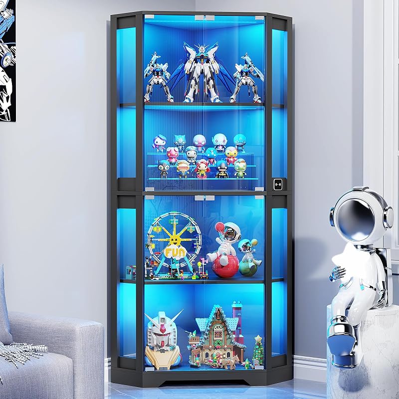 Lighted Corner Display Cabinet with Glass Doors for Collectibles | 65" Curio Cabinet with 3 Color LED Lights, 4-Tier Showcase Display Case with Human Body Sensor for Trophies, Books, Black