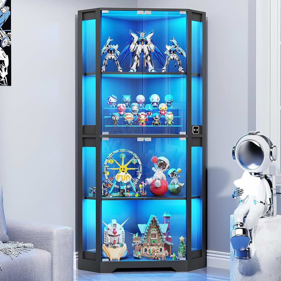 BROTTAR Lighted Corner Display Cabinet with Glass Doors for Collectibles | 65" Curio Cabinet with 3 Color LED Lights, 4-Tier Showcase Display Case with Human Body Sensor for Trophies, Books, Black The Forest Stewardship Council