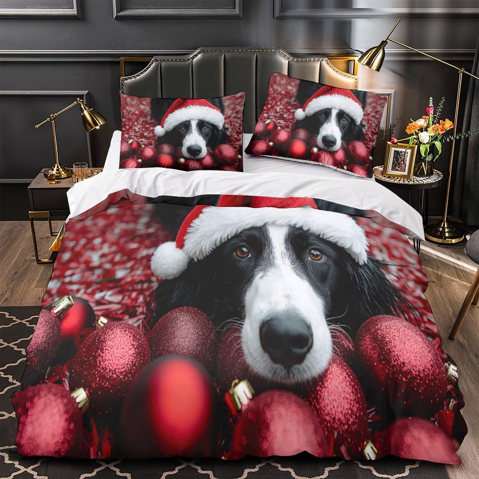 Housse de couette Noël chien 3D double 200x200 pour illuminer votre chambre festive