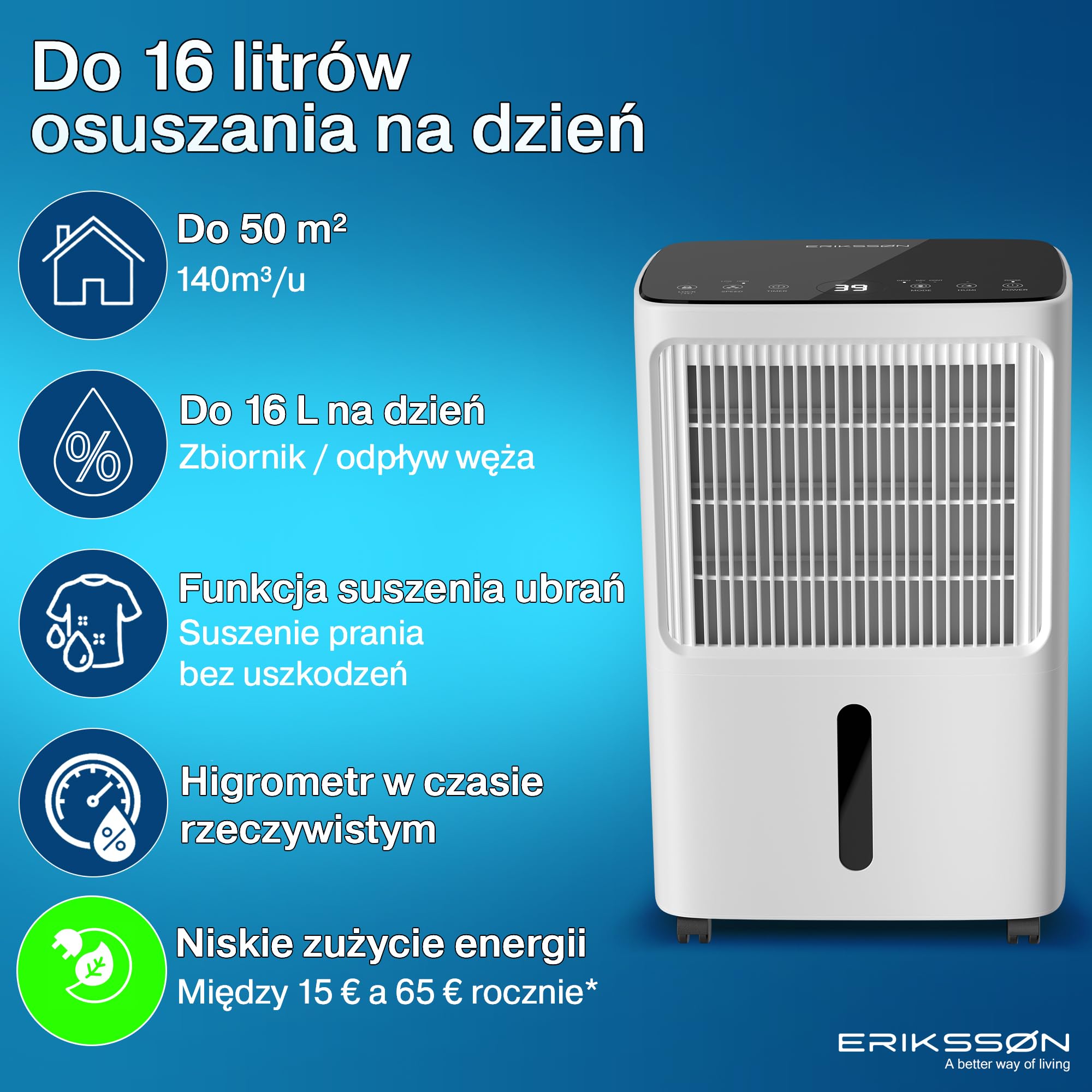 Osuszacz powietrza z wyświetlaczem LED, timerem i zabezpieczeniem przed dziećmi | usuwa 16 l wilgoci po 24 h | do pomieszczeń o powierzchni ok. 70 m² (140 m³) | energooszczędny osuszacz