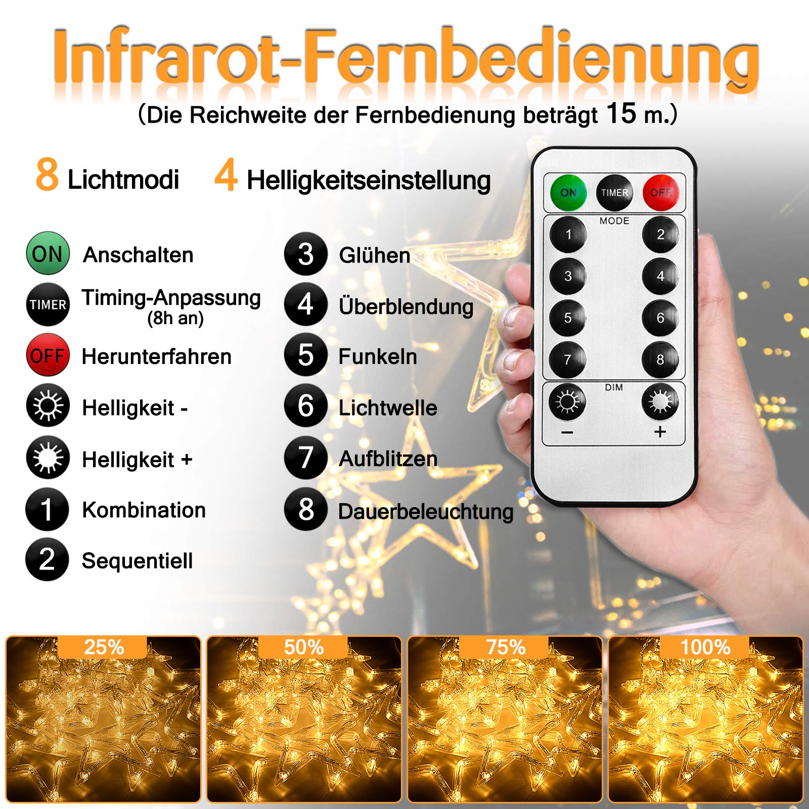 ACXIN 414 LEDs Lichterkette, LED Sterne Lichtervorhang, Weihnachten Lichternetz, 8 Leuchtmodi, für Außen Innen, IP44 Wasserfest, 9m