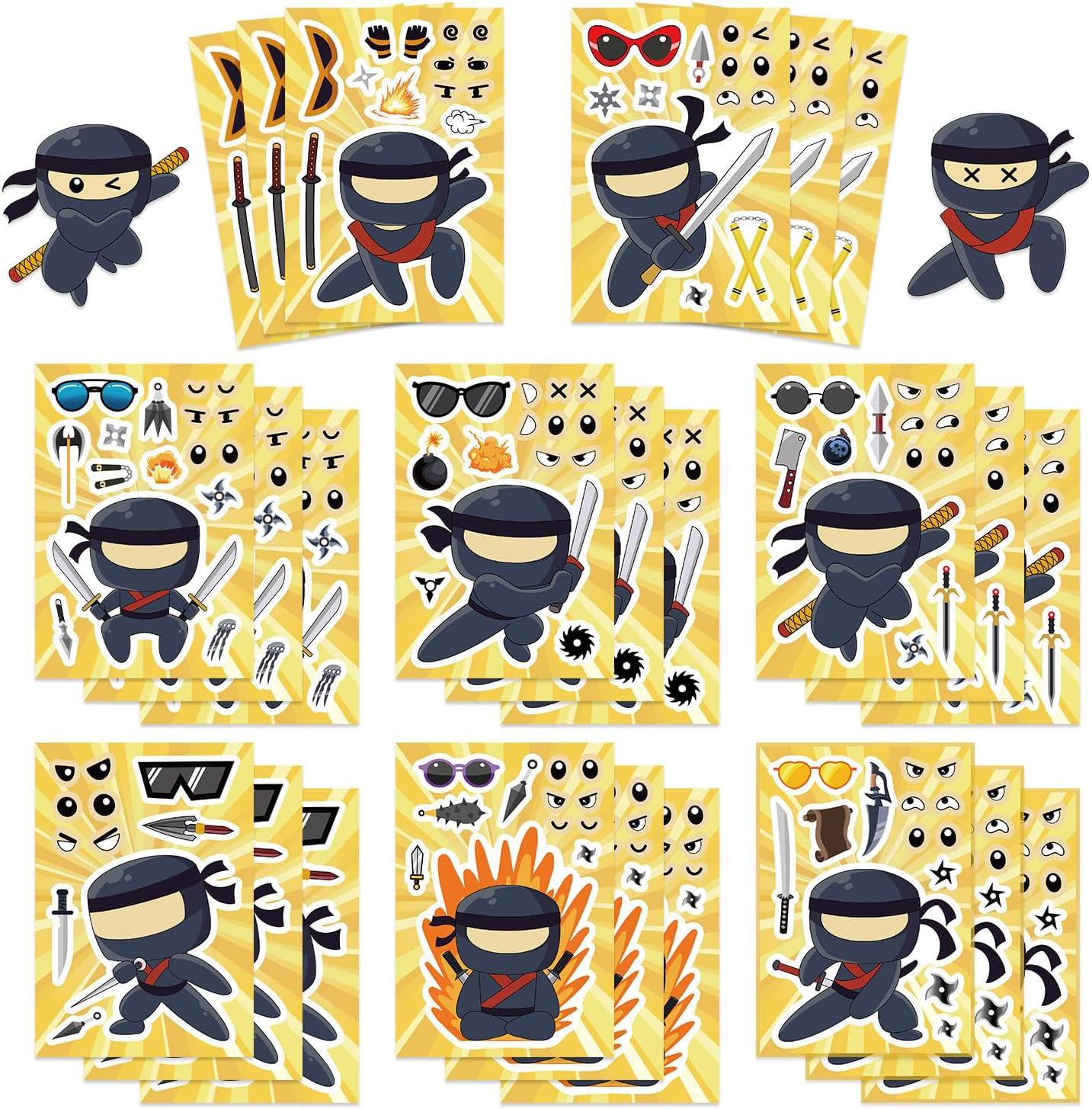 24 Sheets Ninja Face Stickers Set – Mix and Match Cartoon Ninja Expressions and Accessories – DIY Make a Face Sticker Pack for Scrapbooking, Party Favors, Journaling, Craft Supplies