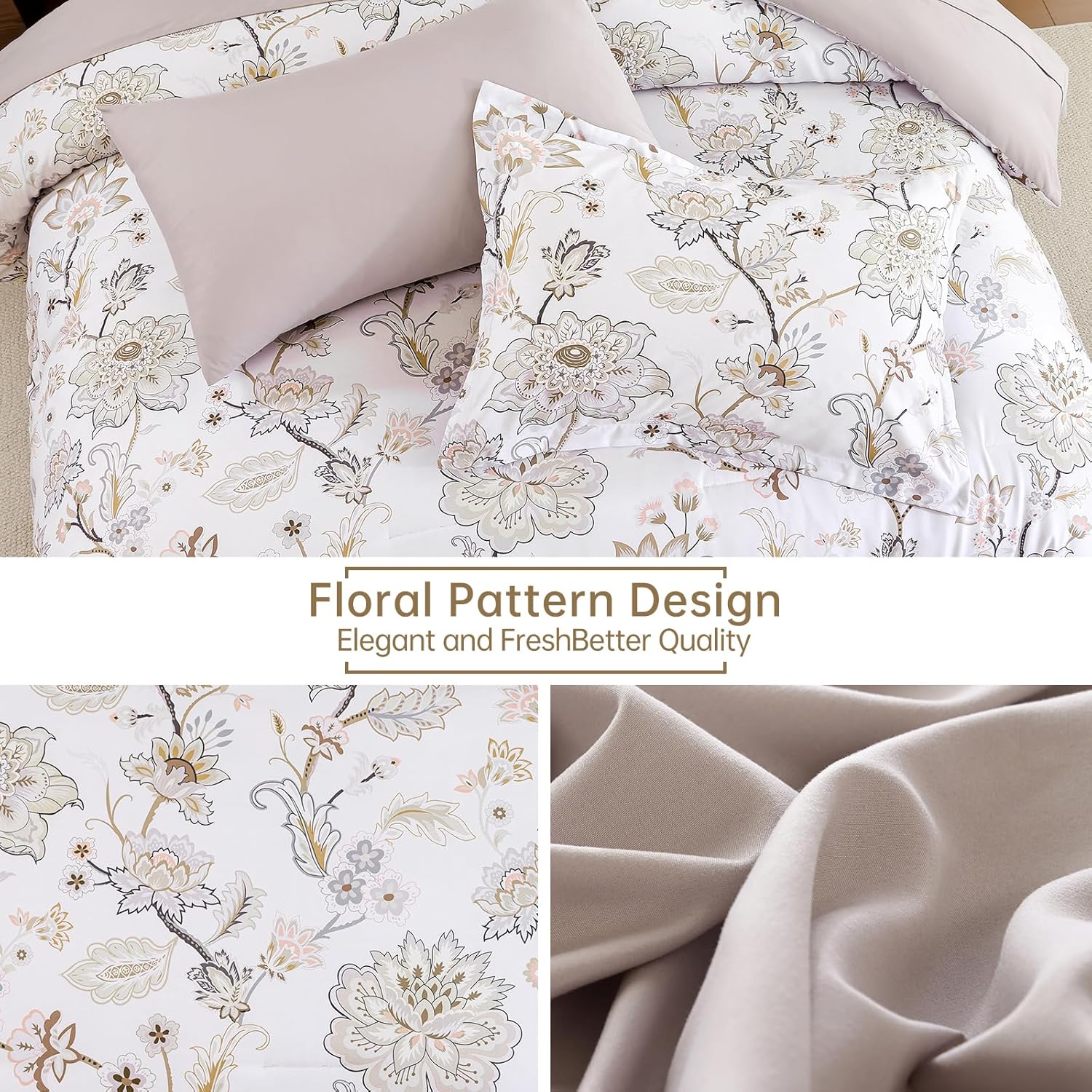 Luxudecor Floral Comforter Set King Size 7 Pieces Bed in a Bag, Beige Paisley Flower Bed Set, Soft Lightweight Comforter with Sheet Set 104"x90"