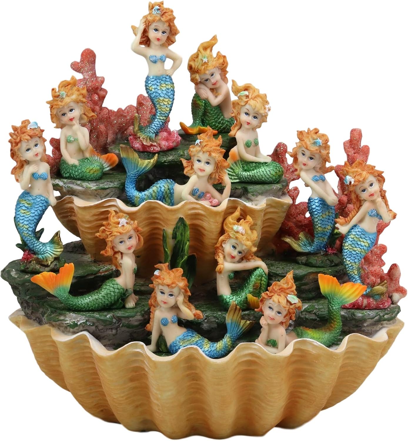 Ebros 10" Wide Colorful Nautical Ocean 2 Tier Golden Giant Clam Shell with Coral Reefs Miniature Mermaids Display Stand Statue with LED Glow Lights Fantasy Mermaid Mergirls Sirens of The Seas