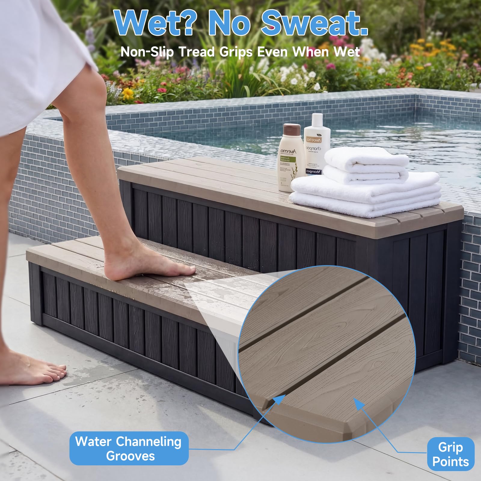 Escalones de bañera de hidromasaje con almacenamiento, escaleras impermeables para exteriores, café