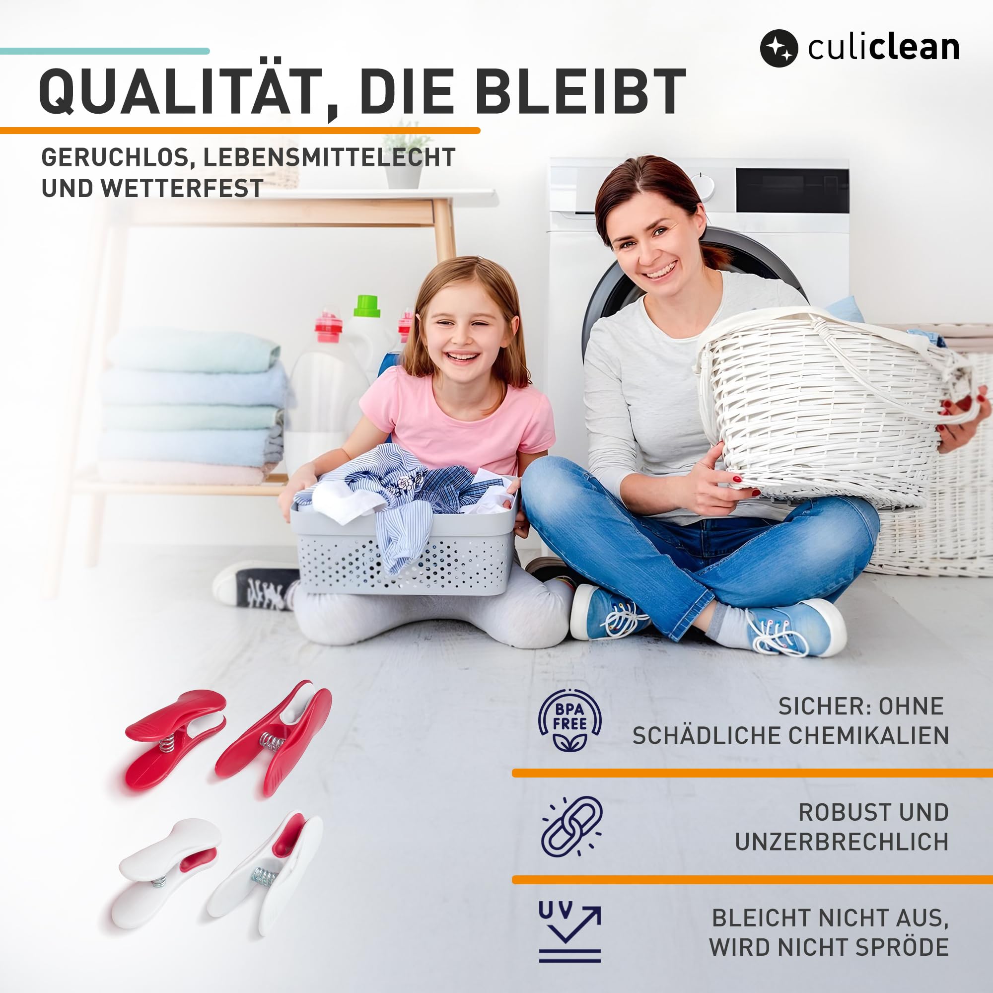 culiclean Wäscheklammern ohne Abdruck, SoftClip, 40x, blau-gelb-grün-rosa | Wäscheklammer SoftClip, stabile Kluppen mit Softgrip, 70 mm, bruchsicher & windfest, UV-beständig, BPA-frei, Made in France