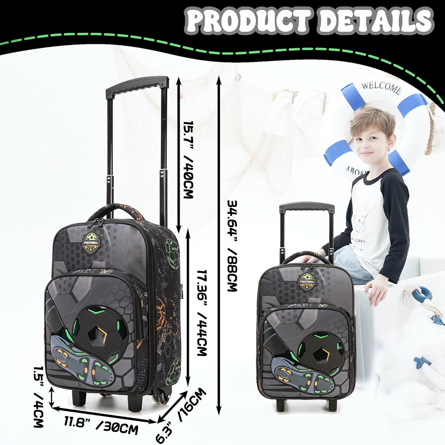 Kids Football Luggage with Wheels Suitcases Travel Softside Suitcases 16" Carry on Suitcase with Duffle Bag Luggage Sets Airline Approved