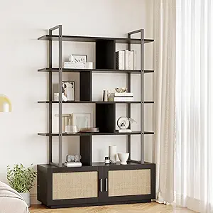 GarveeHome Rattan Bookshelf,71.1 Inch Tall Industrial Bookcase with Storage Door, Bookshelves and Bookcases with Open Display Shelves,5 Shelf Bookcase with Metal Frame for Living Room
