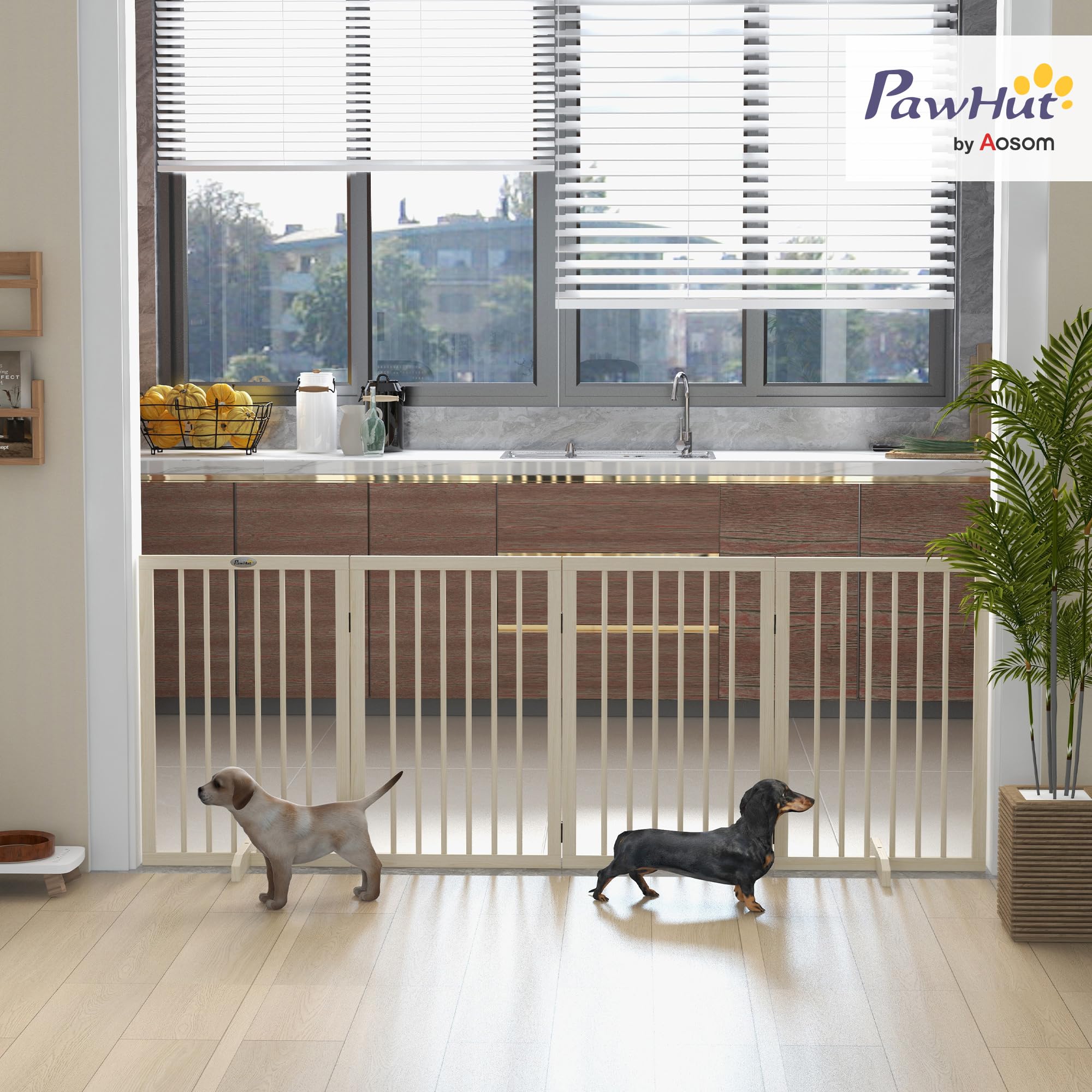 PawHut Barrière de Sécurité pour Chien, Barrière de Protection Modulable Pliable à 4 Panneaux, Clôture pour Animal Domestique en Bois avec Pieds de Support - Dim. 206 x 35,5 x 76 cm Bois Naturel