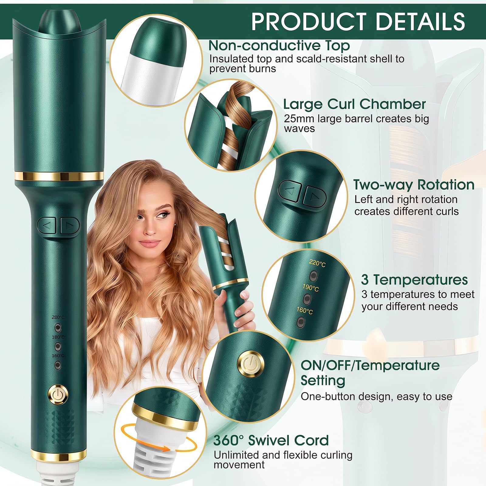 Rizador de Pelo Automático, Rizador Pelo Ondas 28mm, Rizador Automático | Unipampa 3 Niveles de Temperatura Ajustables (160-220°C), Calentamiento Rápido, Anti-escaldado, revestimiento de cerámica