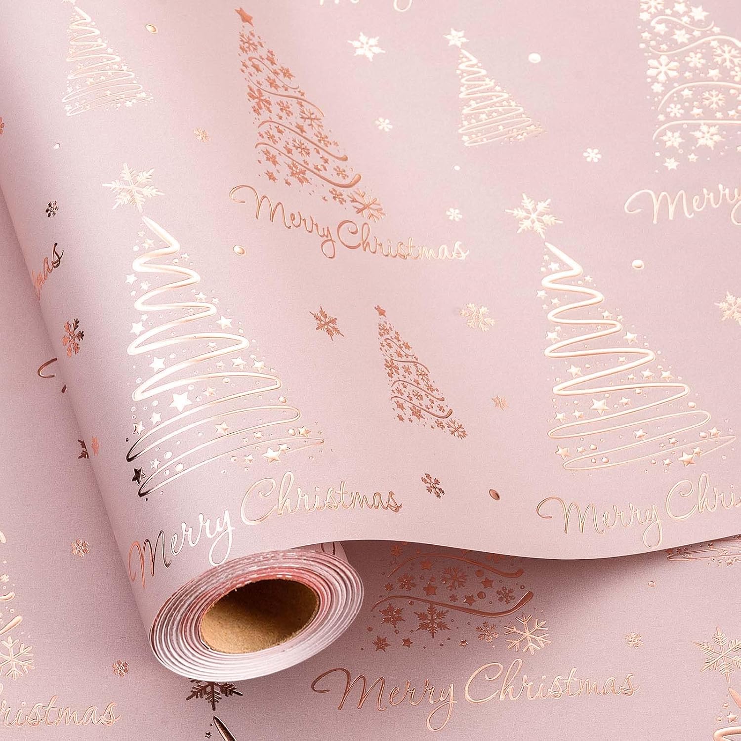 Burymento Christmas Wrapping Paper, Pink Stereo Hot Rose Gold Christmas Tree Design Gift Wrapping Paper Suitable for Holiday, Mini Roll (17 Inch X 32.8 Feet)