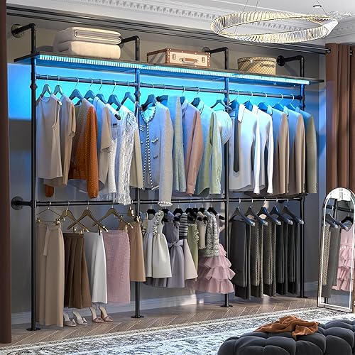 Miniatura 1 de Aheaplus Perchero industrial de tubo, perchero reversible de 118.3 pulgadas para colgar ropa, perchero resistente con luces LED y estantes, sistema