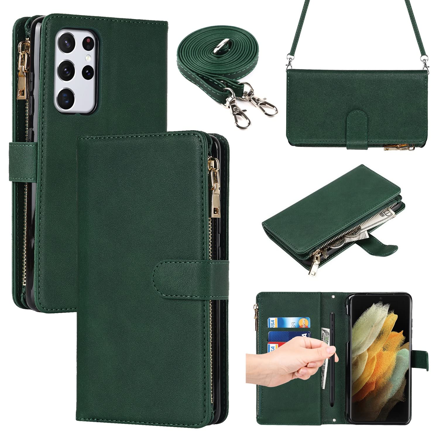 iCoverCase for Samsung Galaxy S21 Ultra Wallet Case with Card Holder, Kickstand Feature PU Leather Case with Adjustable Crossbody Lanyard Magnetic