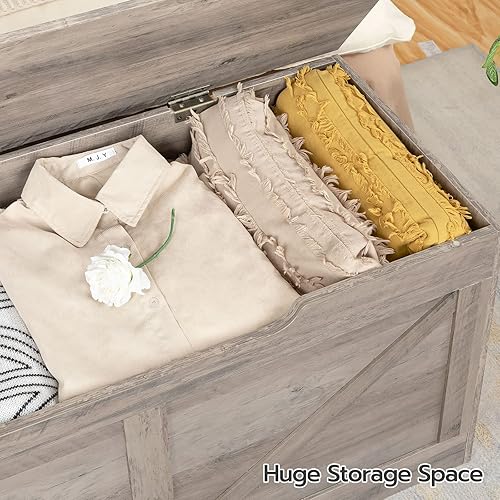 Miniatura 4 de HOOBRO Banco de almacenamiento, baúl de almacenamiento de madera retro de 39.4 pulgadas con tirador recortado en forma de U, bisagra de seguridad,