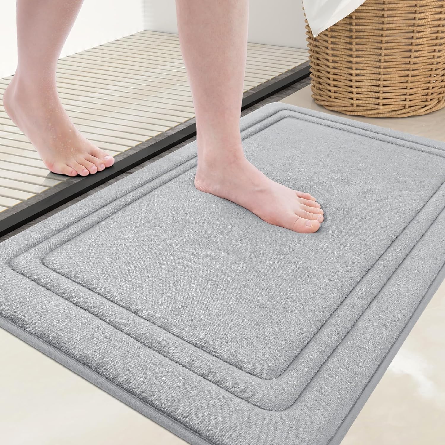 smiry Memory Foam Bath Mat - 60 x 90cm, Non-Slip, Super Absorbent, Comfortable - Machine-Washable Floor Rug, Light Grey