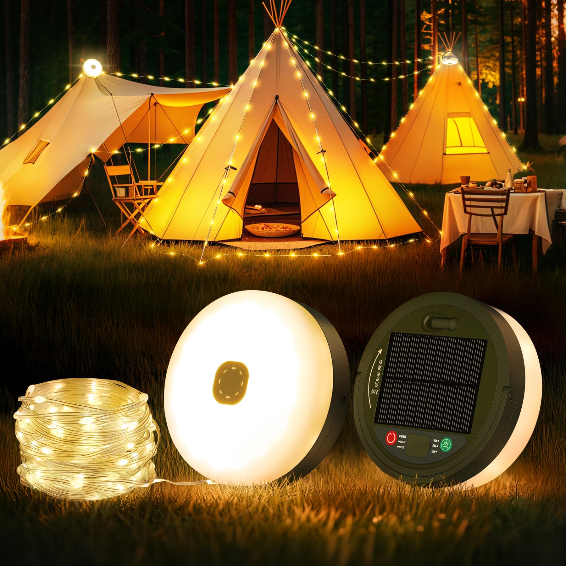 Famgoods Solar Camping Lights, 32.8Ft Solar & USB Retractable Camping String Lights with 8 Lighting Modes, IP65 Waterproof Tent Lights for Camping, 30s Roll up Camp Light for Outdoor, Tent, RV, Party