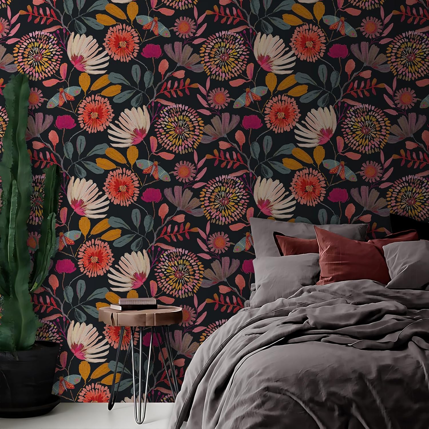 Wallpaper Peel and Stick Floral Wall Paper Removable Waterproof Navy/Pink/Orange Contact Paper for Bedroom, Bathroom,Bathroom, Home Wall 17.3" x 118"