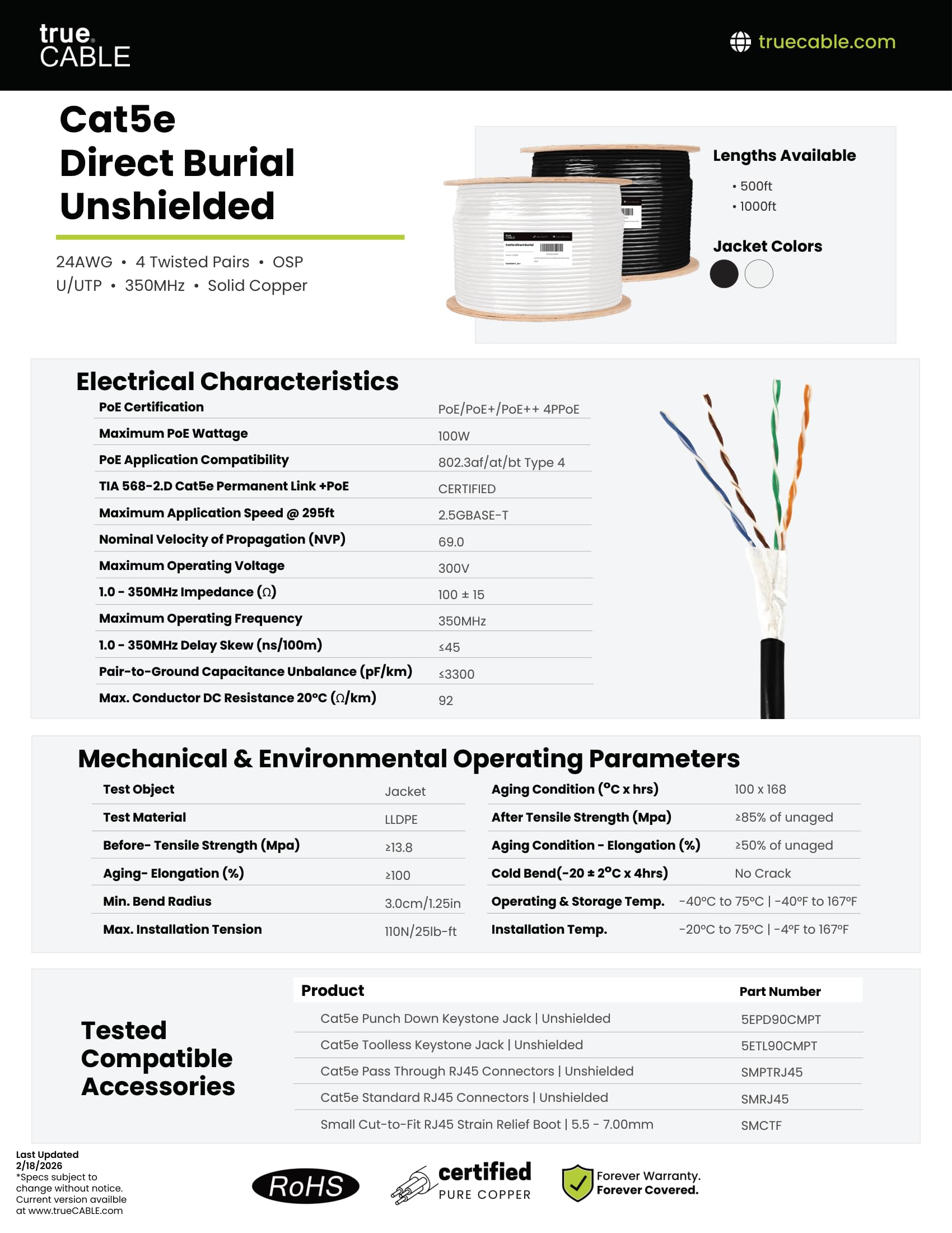 trueCABLE Câble Ethernet Cat5e 304,8 m, étanche et direct à enterrer CMX, 24 AWG en cuivre massif, 350 MHz, certifié ETL, non blindé, UTP, en vrac.