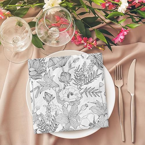 Miniatura 4 de AnyDesign 80 servilletas de papel de flores blancas y negras, servilletas de almuerzo florales salvajes, patrón de dibujo de líneas, servilletas