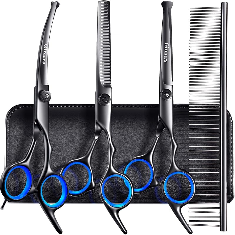 Gimars Dog Grooming Scissors Kit Professional 4CR with Safety Round Tip, 5 in 1 Heavy Duty Titanium Coated Thinning & Curved & Straight Shears