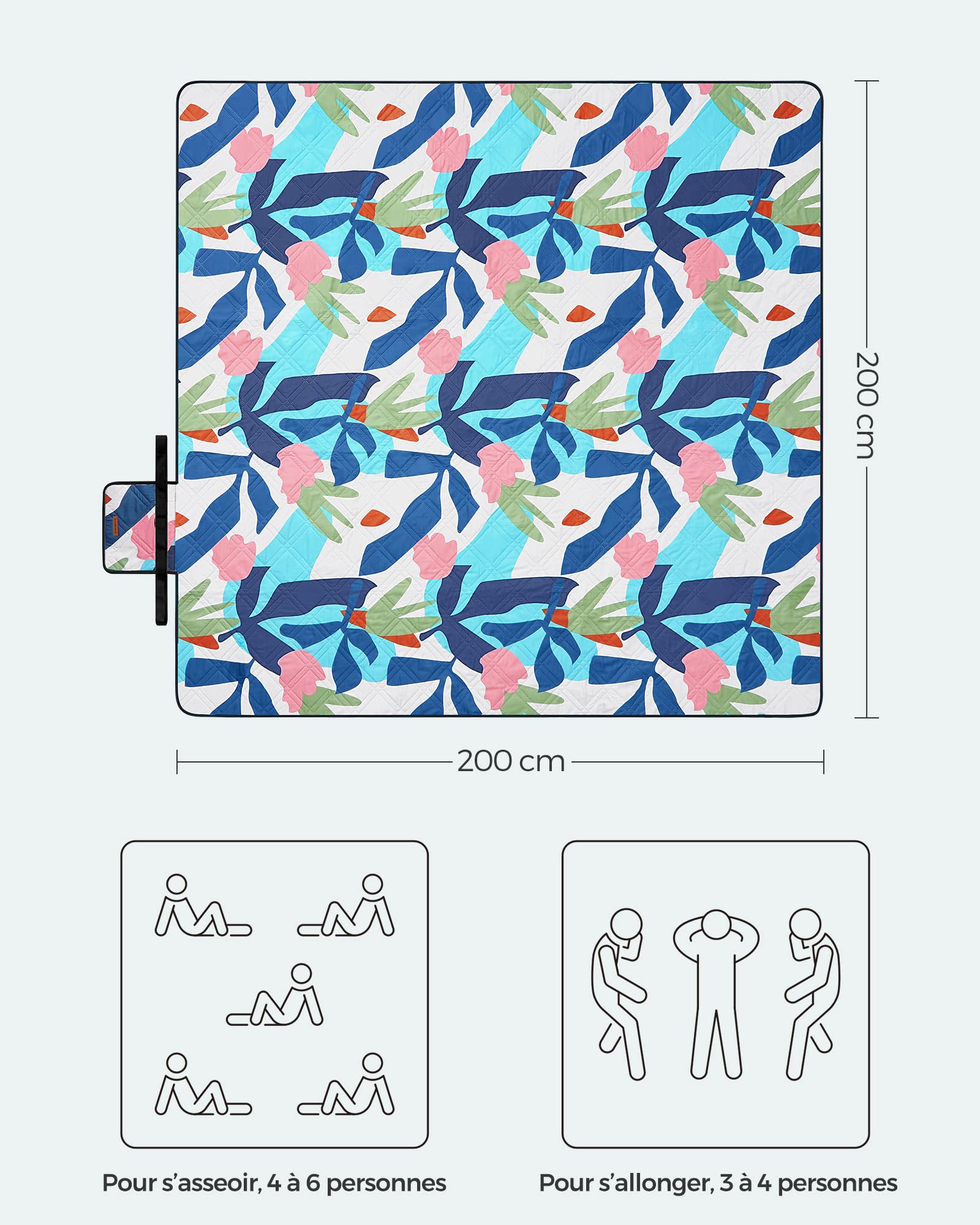 SONGMICS Couverture de Pique-Nique, 200 x 200 cm, Grand Tapis, pour Camping, Parc, Jardin, Plage, Hydrofuge, Lavable en Machine, Pliable, Motif Fougère Multicolore GCM087Q03