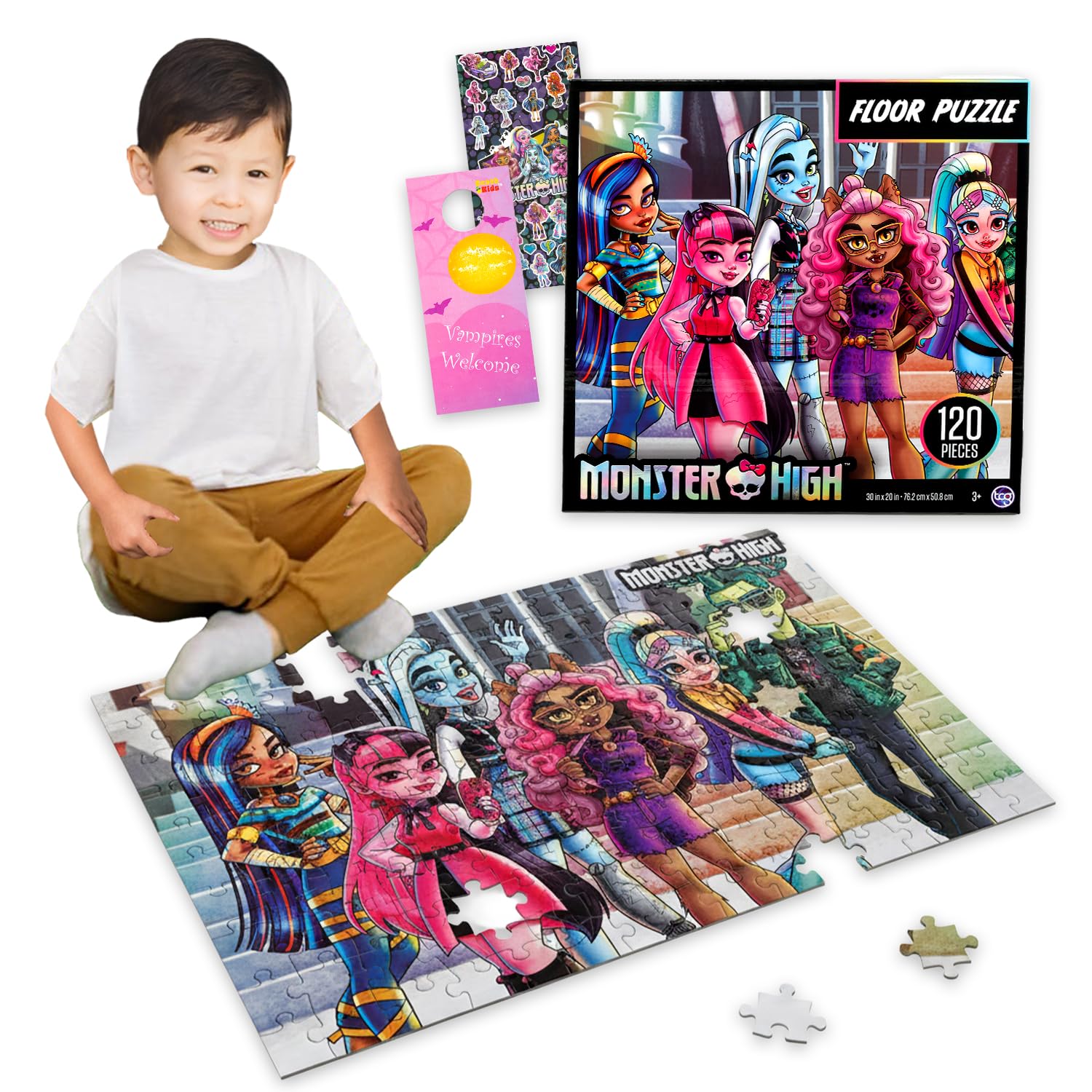 Monster High Floor Puzzle für Kinder im Alter von 3–5 Jahren, Jumbo, 76,2 x 50,8 cm | Monster High 120 Teile Puzzle Bodenpuzzle, Aufkleber, mehr | Monster High Toys Jigsaw Puzzles für Mädchen