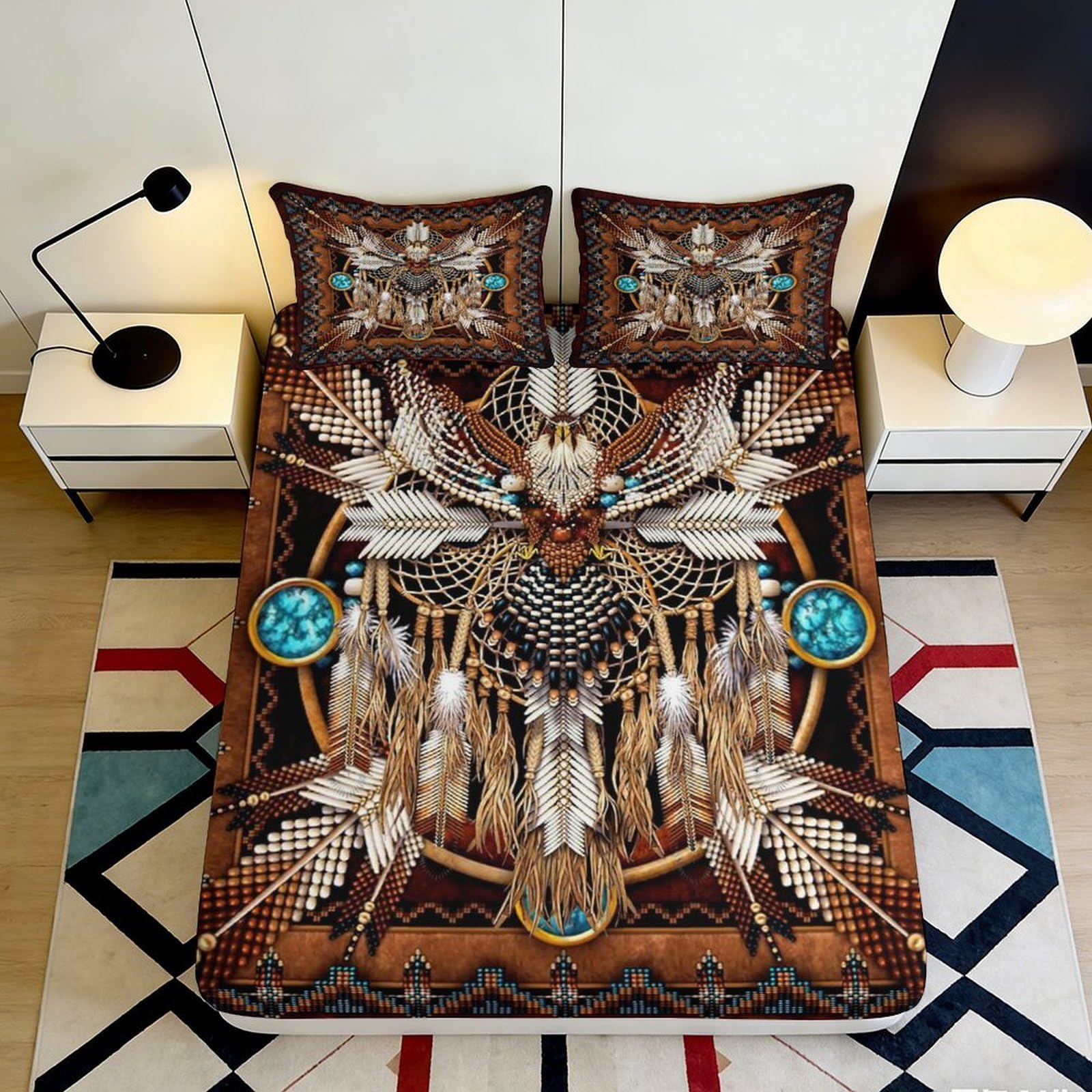 3D Printed Tribal Eagle Fitted Sheet Microfiber Soft Breathable Dreamcatcher Bed Cover for Bedroom Dorm Decor 90x200x25cm