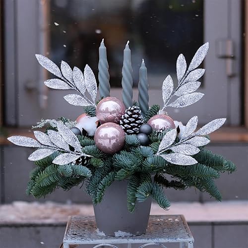 Miniatura 3 de 24 hojas de plata artificiales con purpurina, 13 pulgadas, hojas de flores plateadas de Navidad, hojas de árbol de Navidad, adornos de árbol de