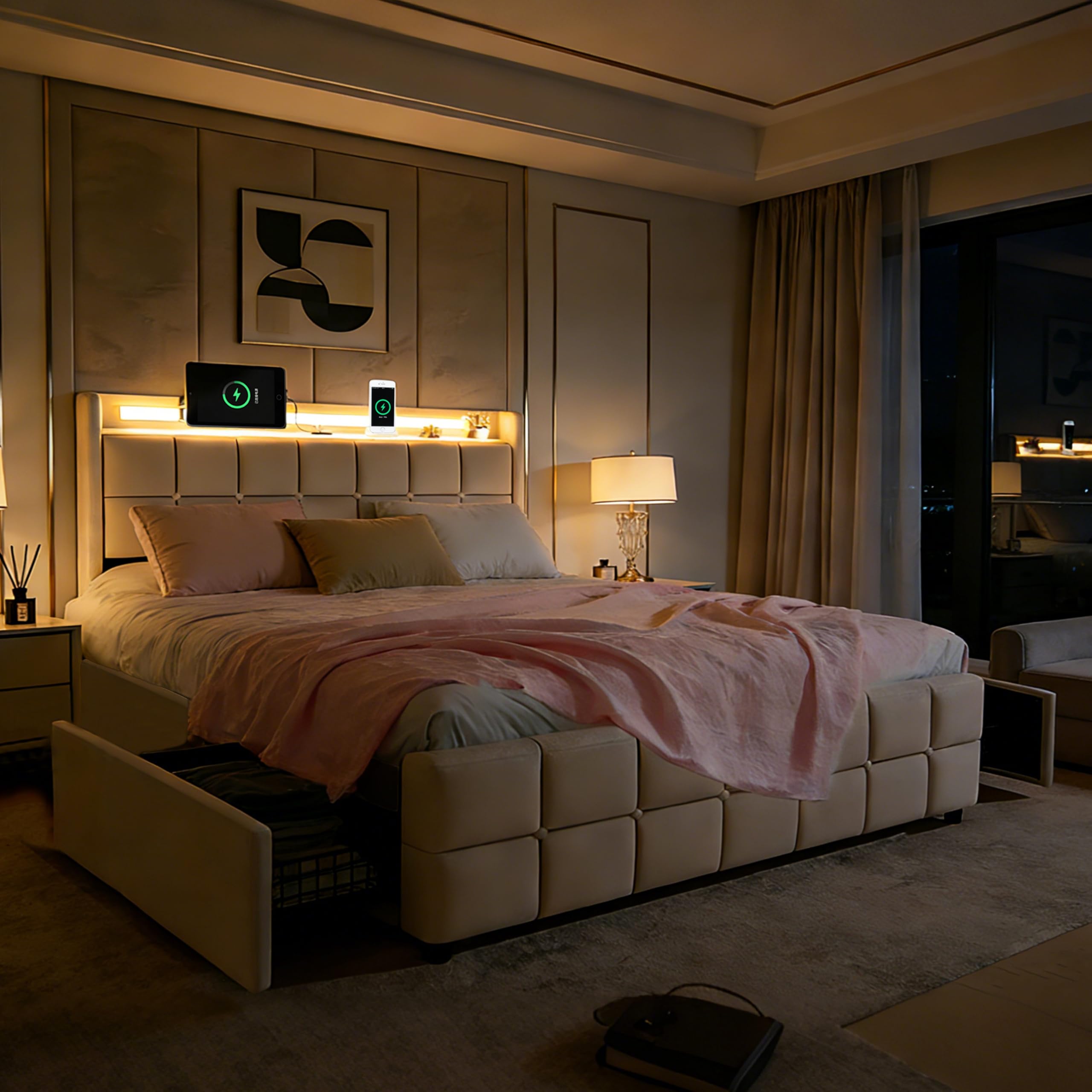Leinen-Bettgestell 160x200 cm mit AC & USB Anschlüssen, Beige | Ladestation, 4 Schubladen, Polsterbett, LED-Beleuchtung, ohne Matratze, Holzlattenrost