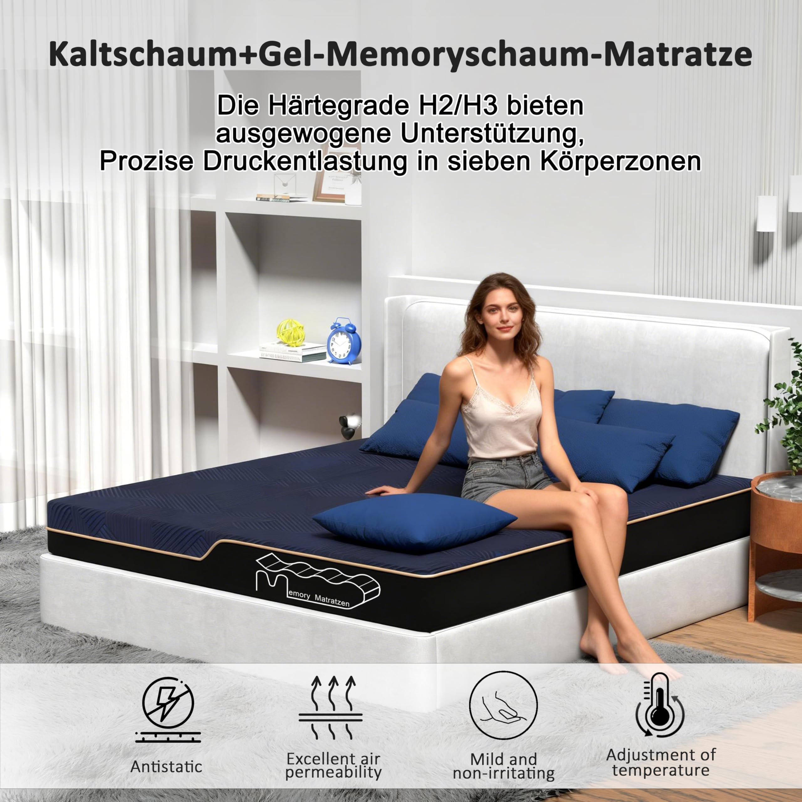 Materasso 160 x 200 cm, altezza 20 cm, H3, materasso in schiuma fredda + materasso in memory gel, grado di durezza H2/H3, 7 zone, rivestimento rimovibile (160 x 200 x 20 cm)