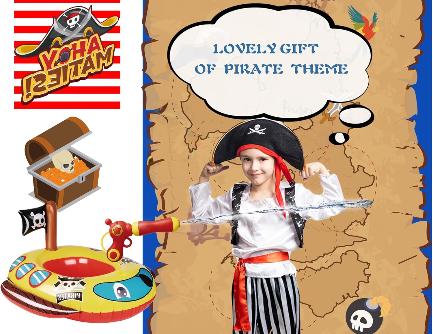 Pool Floats Kids with Water Gun, Pirate Ship Float for Toddler, Blow Up Swimming Pool Toys, Summer Fun Pool Inflatables Floaties for Boys Girls and Child, Outdoor Water Toys for Kids Ages 3-5 4-8